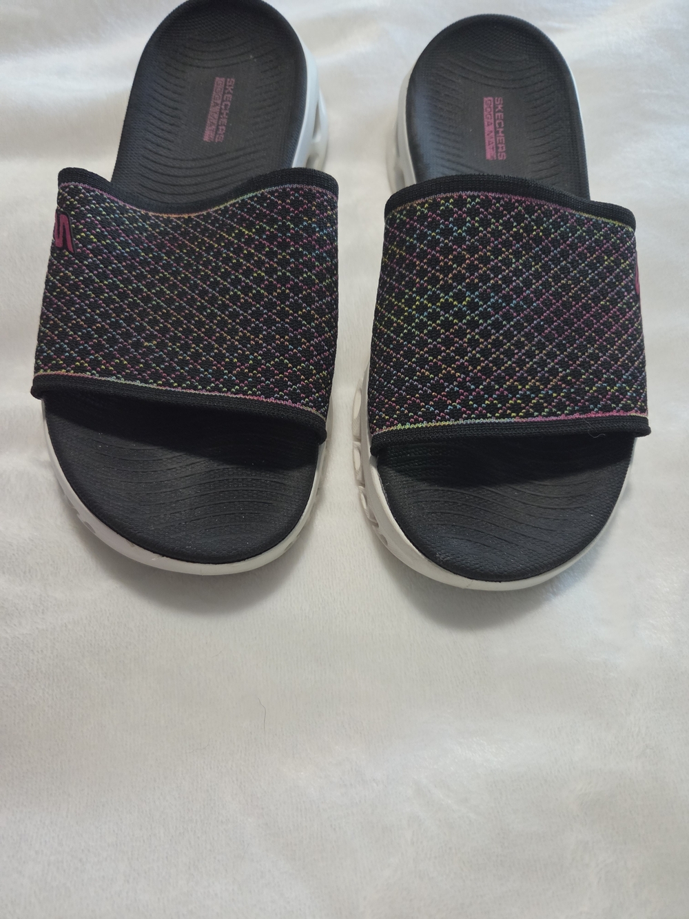 Skechers Black Slide Sandals with Multicolor Cross-Stitch